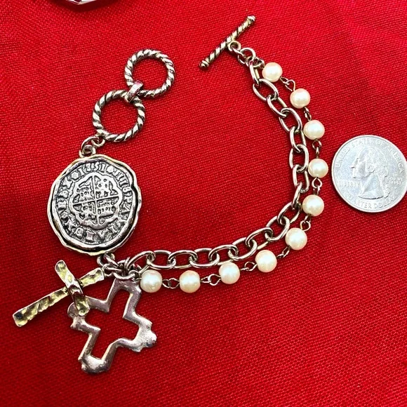 SoldVintage 80s Silver Tone Faux Pearl Cross And Medal Bracelet - Picture 1 of 4